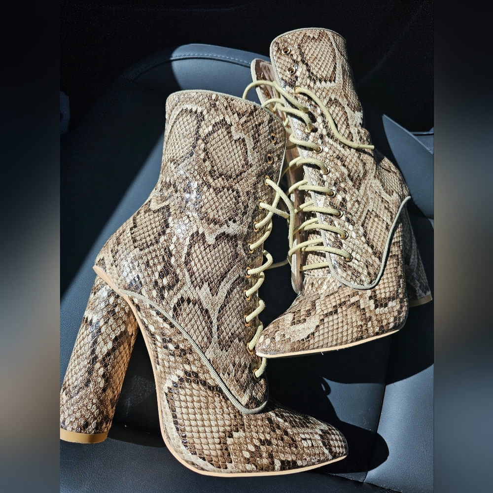 Faux Snakeskin Lace-Up Ankle Boots